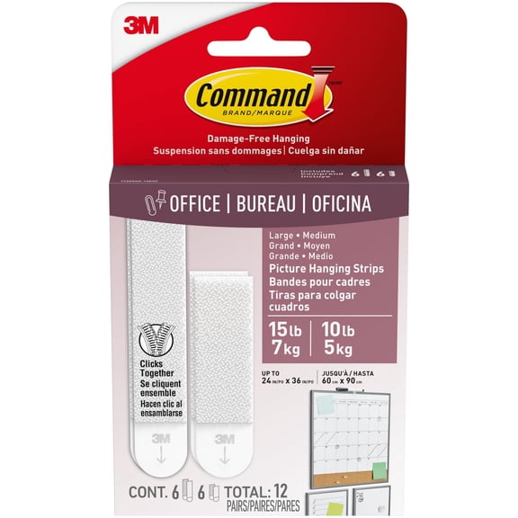 Command Medium and Large Picture Hangers, Holds 10 & 15 lbs, White, 6 Medium, 6 Pairs Large Adhesive Strips