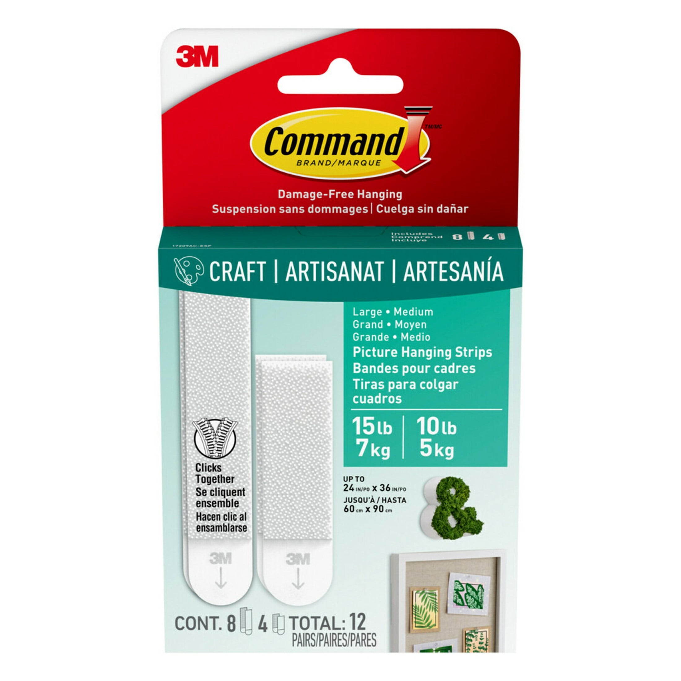 Command Medium and Large Picture Hangers, Holds 10 & 15 lbs, White, 4 Medium, 8 Pairs Large Adhesive Strips