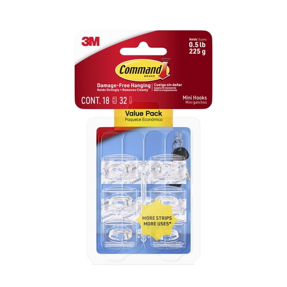 Command Mini Wall Hooks, Clear, Damage Free Decorating, 18 Hooks