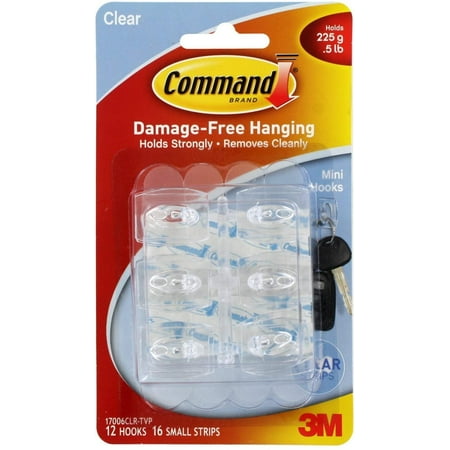 Command Mini Clear Hooks with Clear Strips 17006CLR-VP, 12 Hooks with 16 Adhesive Strips per Pack