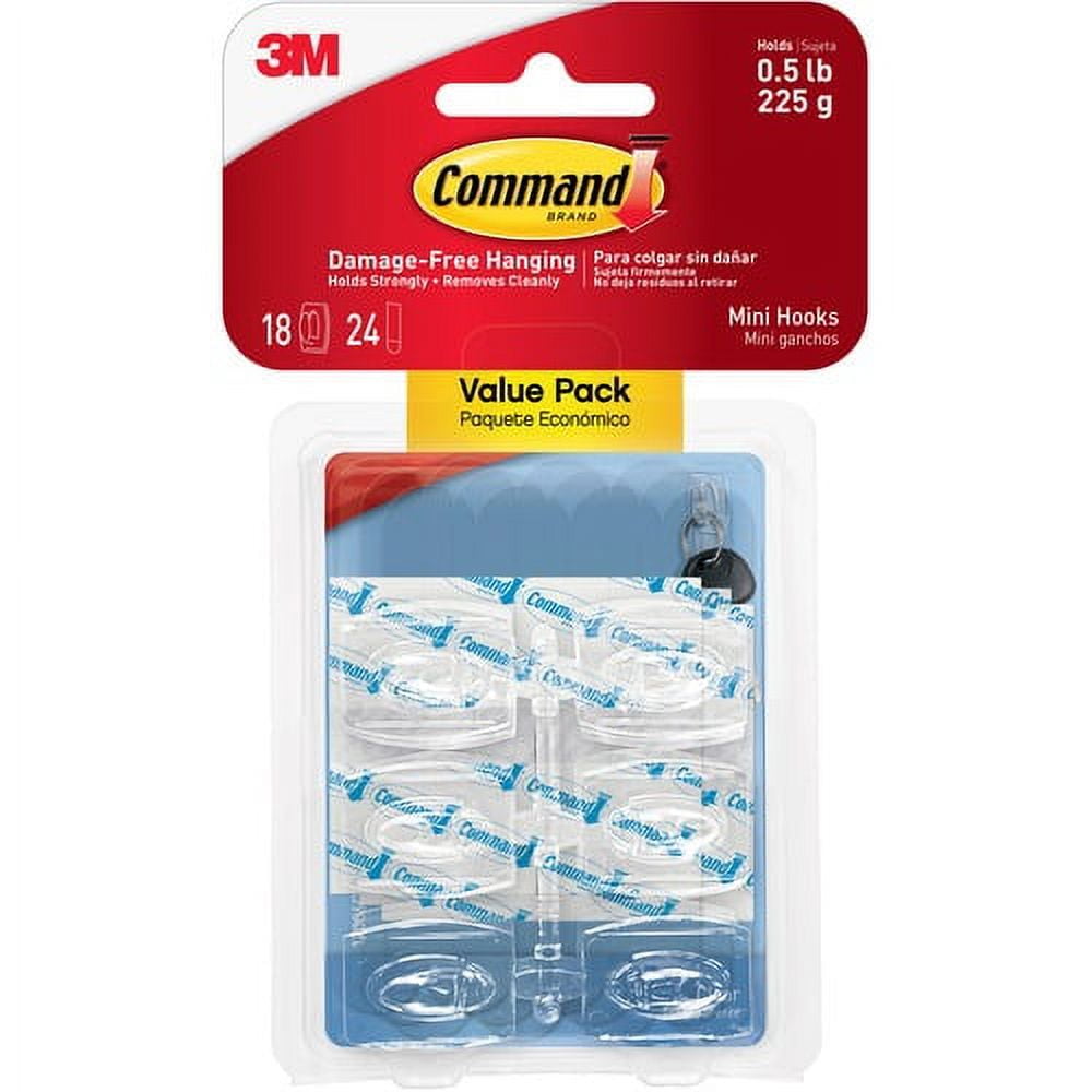 Command Mini Clear Hooks with Clear Strips - 7.94 oz (225 g) Capacity - 1.1" Length - Plastic - Clear - 18 / Pack | Bundle of 10 Packs