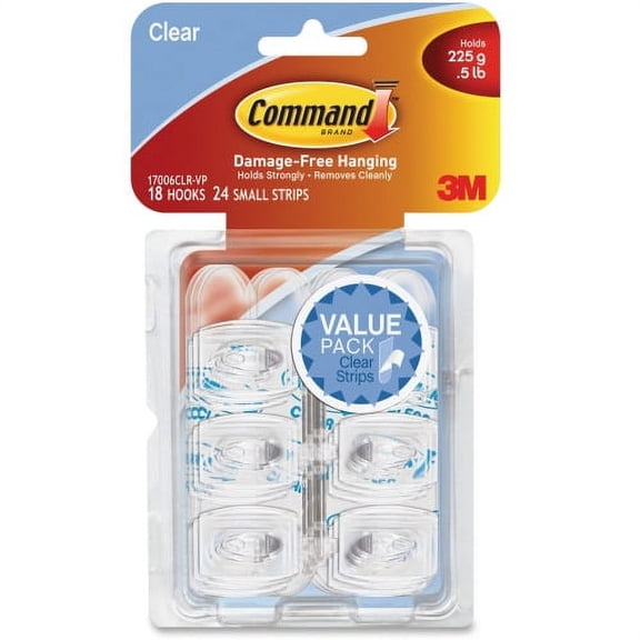 Command Mini Clear Hooks with Clear Strips 7.94 oz (225 g) Capacity - 1.1" Length - Plastic - Clear - 18 / Pack