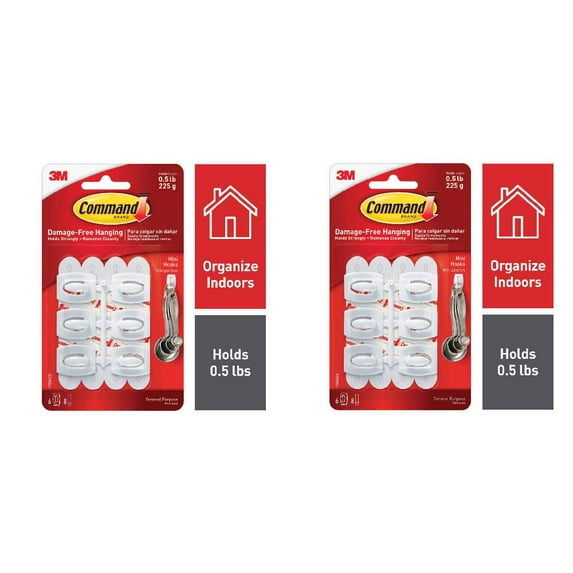 Command Mini Hooks 6 Count Plastic White, 2 Pack