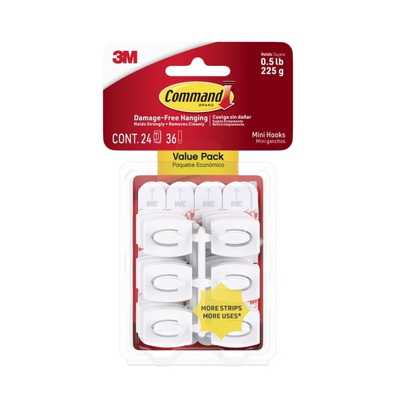 Command Mini Wall Hooks, White, Damage Free Decorating, 24 Hooks