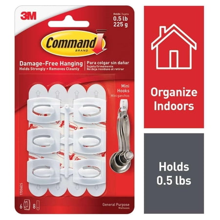 Command Mini Hooks, White, 6 Hooks, 8 Strips, 2 pack