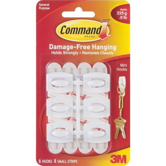 Command Mini Hooks-White 6 Hooks & 8 Strips