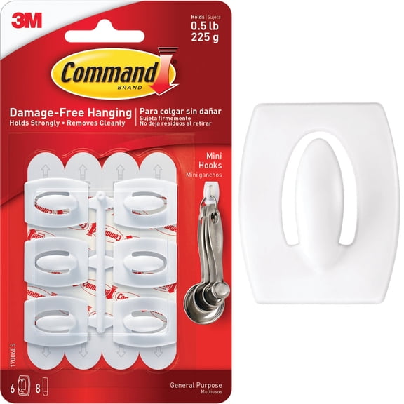 3M Command Mini Wall Hooks White - Adhesive Plastic, General Use - 6 Hooks & 8 Strips