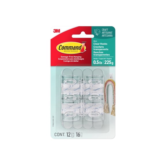 Command Mini Wall Hooks, Clear, Damage Free Decorating, 12 Hooks and 16 Command Strips