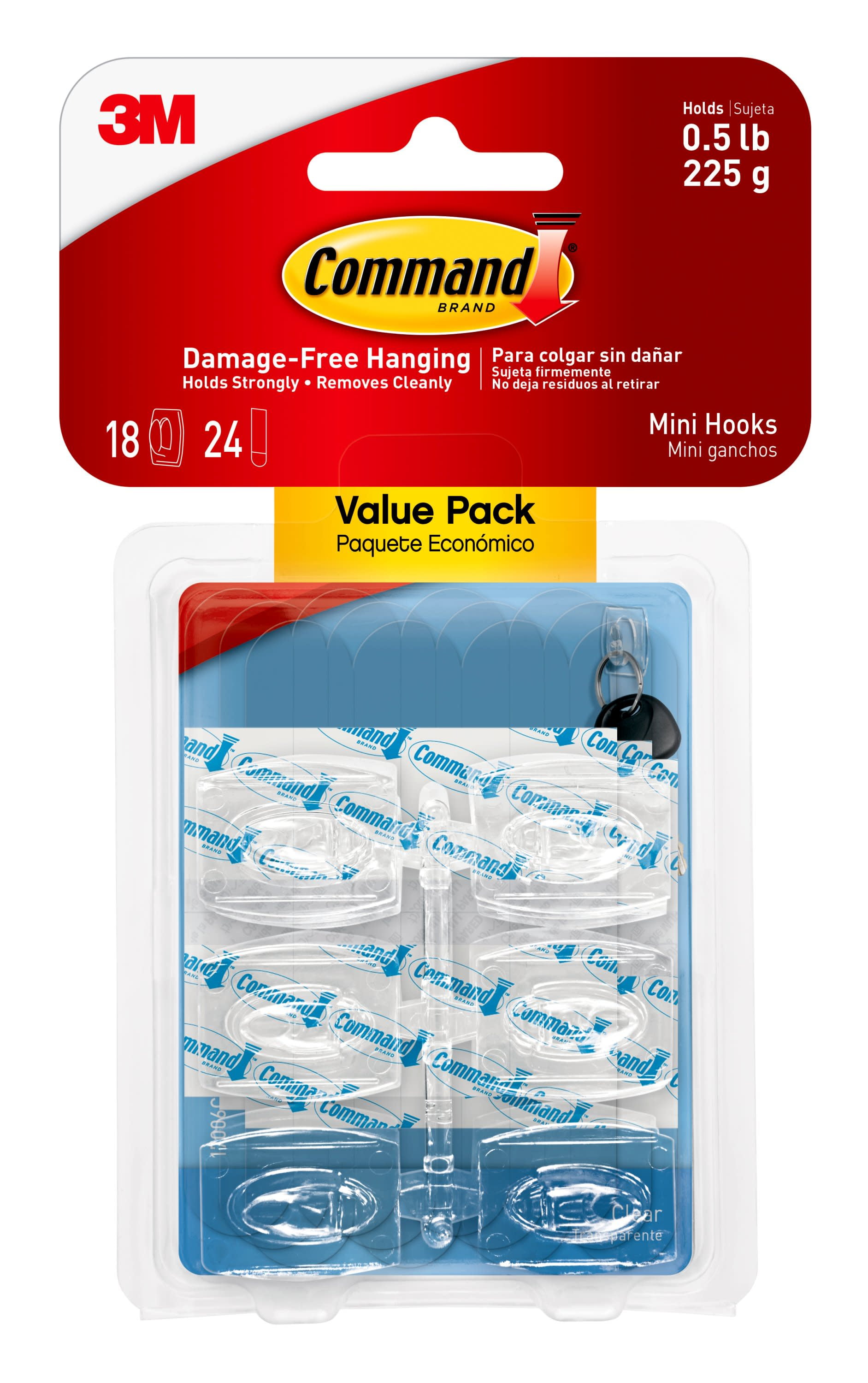 Command Mini Wall Hooks, Clear, Damage Free Decorating, 18 Hooks and 24 Command  Strips 