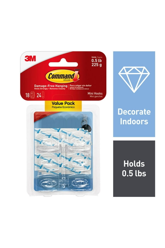 Mini Wall Hooks, Clear, Damage Free Decorating, 18 Hooks and 24 Command Strips