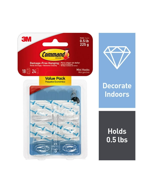 Mini Wall Hooks, Clear, Damage Free Decorating, 18 Hooks and 24 Command Strips