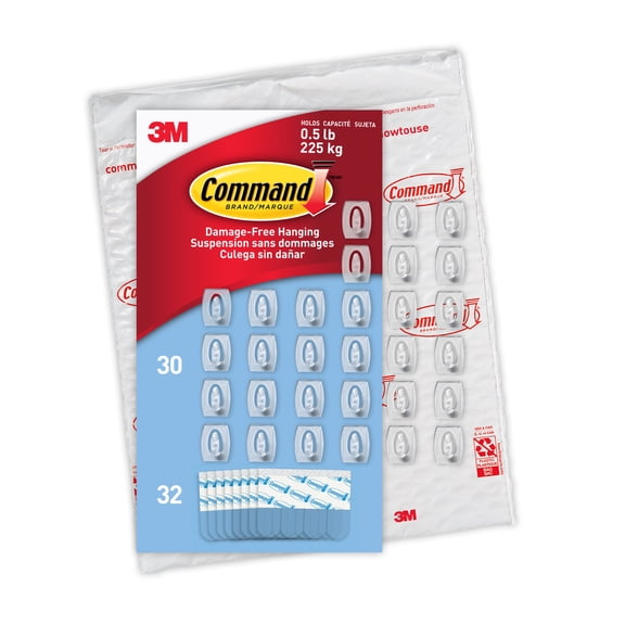 Command Mini Wall Hooks, Clear, Damage Free Decorating, 30 Hooks and 32 Command Strips