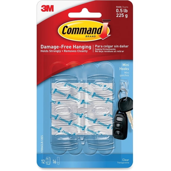 Command Mini Wall Hooks, Clear, Damage Free Decorating, Six Hooks and Eight Command Strips