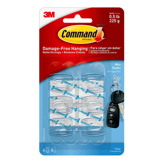 Command Mini Wall Hooks, Clear, Damage Free Decorating, Six Hooks and Eight Command Strips