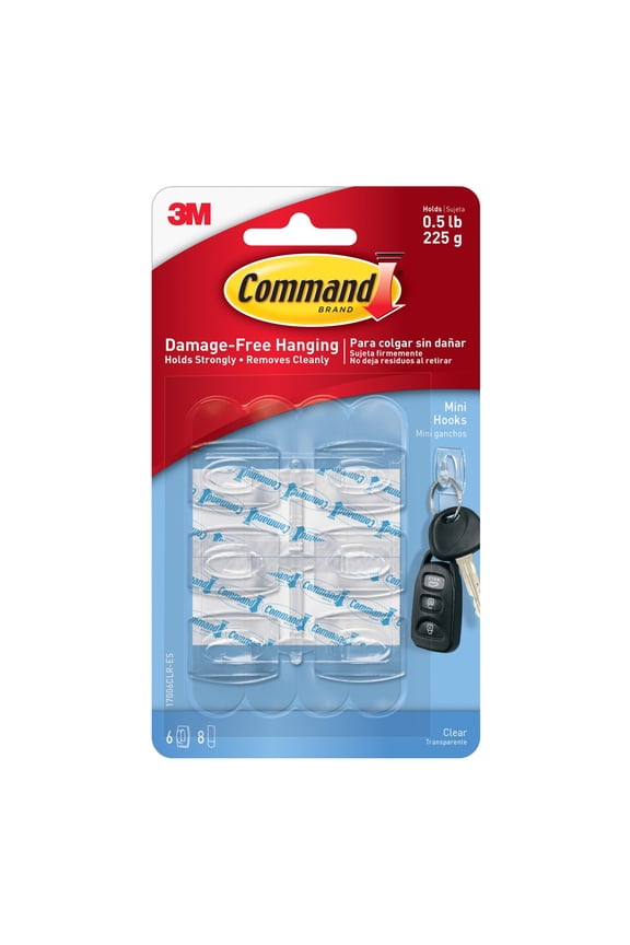 Mini Wall Hooks, Clear, Damage Free Decorating, Six Hooks and Eight Command Strips