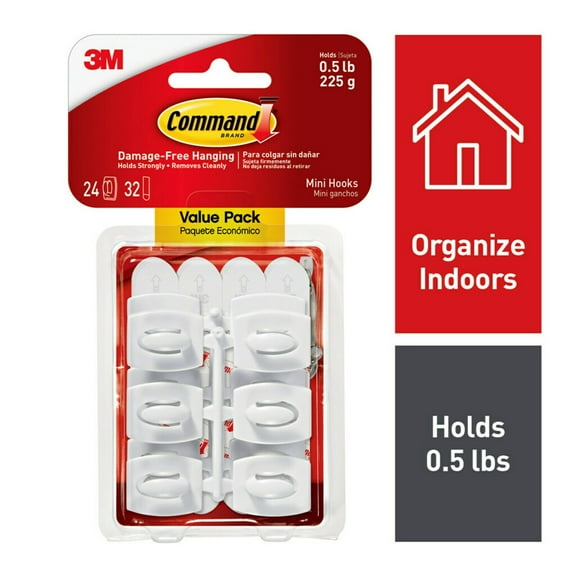 Command Mini Wall Hooks, White, Damage Free Decorating, 24 Hooks and 28 Command Strips
