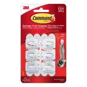 Command Mini Wall Hooks, White, Damage Free Decorating, Six Hooks and Eight Command Strips