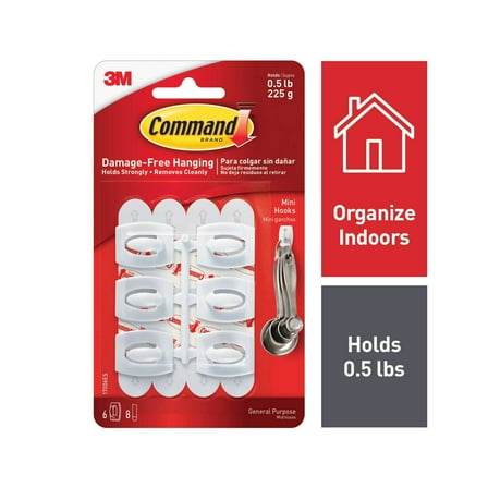 Command Mini Wall Hooks, White, Damage Free Decorating, Six Hooks and Eight Command Strips