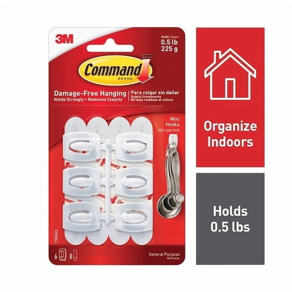 Command Mini Wall Hooks, White, Damage Free Decorating, Six Hooks and Eight Command Strips