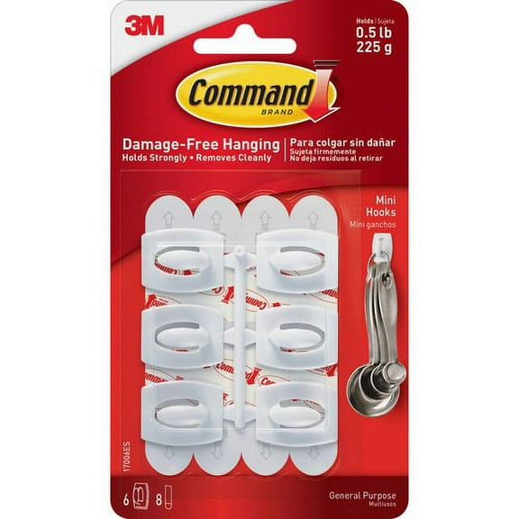 Command Mini White Hooks with White Strips - 6 Small Hook - 8 oz (226.8 g) Capacity - Plastic - White - 6 / Pack | Bundle of 10 Packs