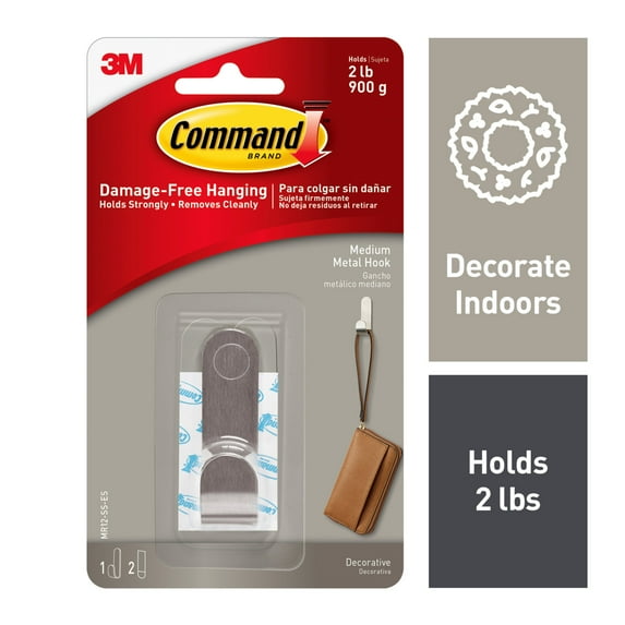 Command Modern Metal Hook, Medium, 1 Hook, 2 Strips/Pack