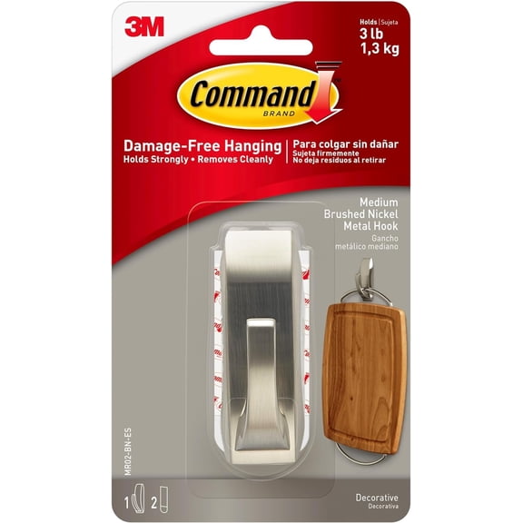 Command Modern Reflections Metal Hook, Medium, Brushed Nickel, 1-Hook, Great for dorm decor