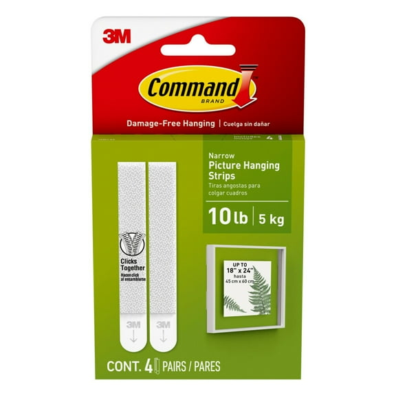 Command Narrow Picture Hangers, Holds 10 lb, White, 4 Pairs Adhesive Strips