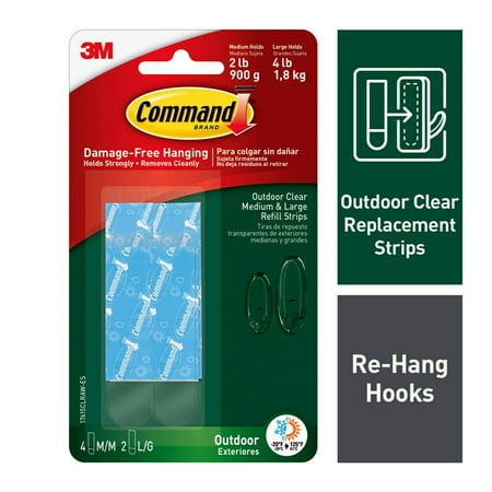 Command Refill Outdoor Strips, Clear, Command Hooks, 4 Medium, 2 Large Strips