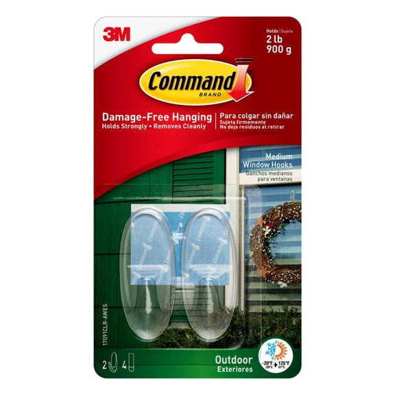 Command Outdoor Clear Window Hooks, Medium, 2 Wall Hooks, 4 Strips/Pack