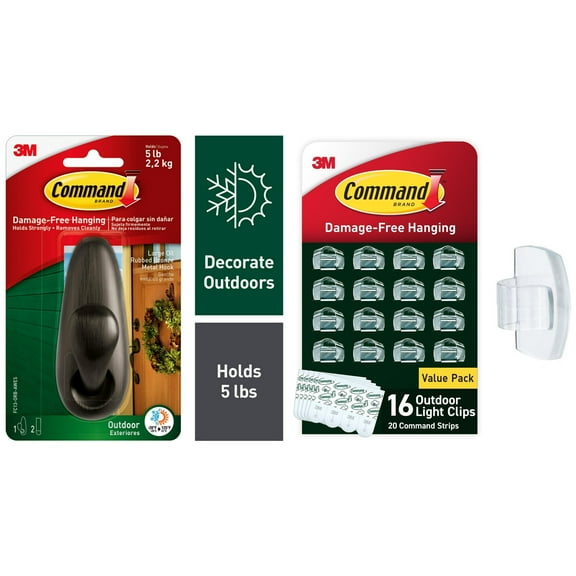 Command Outdoor Holiday Dcor Bundle with 1 Large Oil Rubbed Bronze Hook and 16 Outdoor Light Clips
