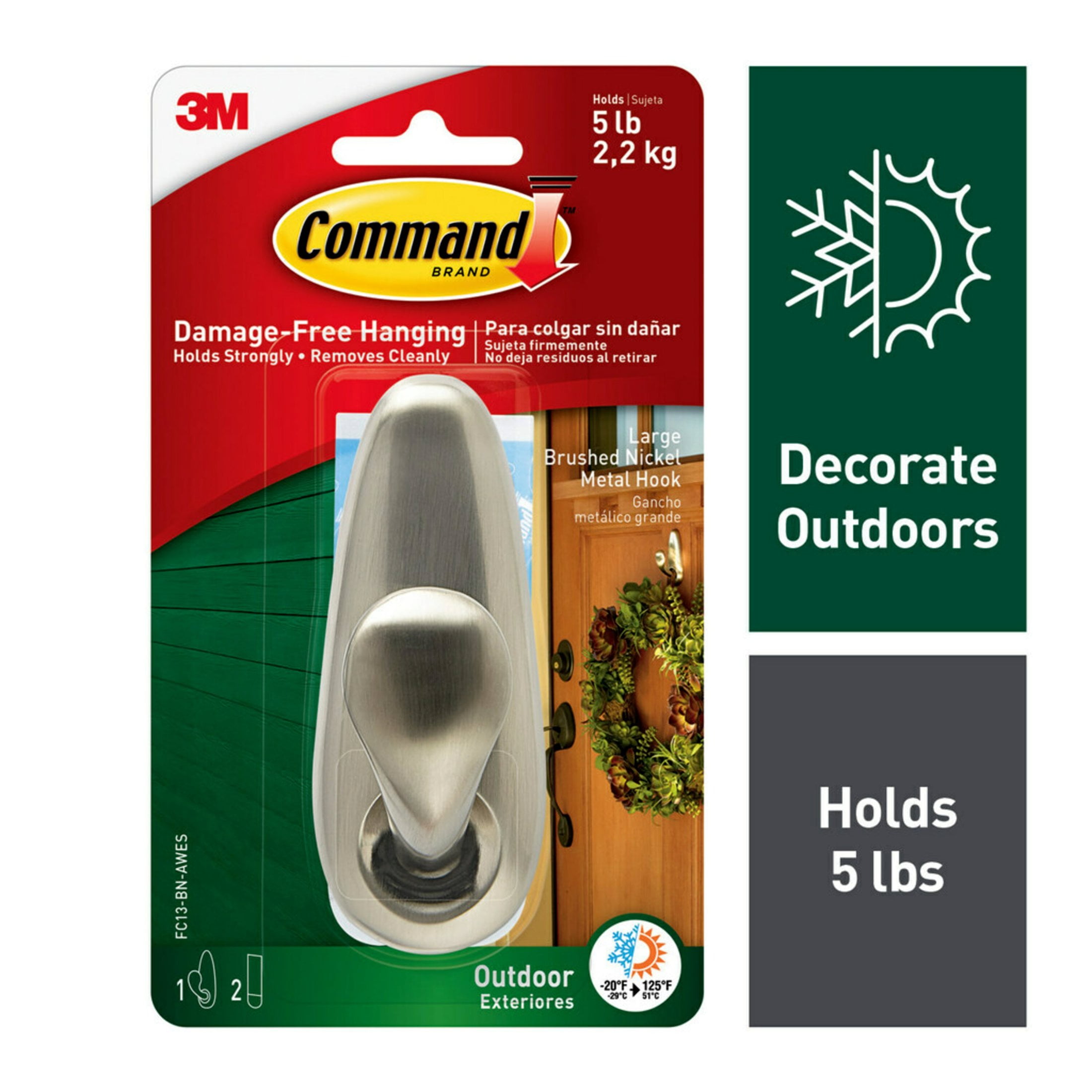 Large Brushed Nickel Outdoor Metal Hook with Adhesive Strips