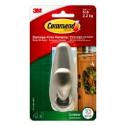 Command Outdoor Hook, Large, Brushed Nickel, 1 Wall Hook, 2 Strips/Pack