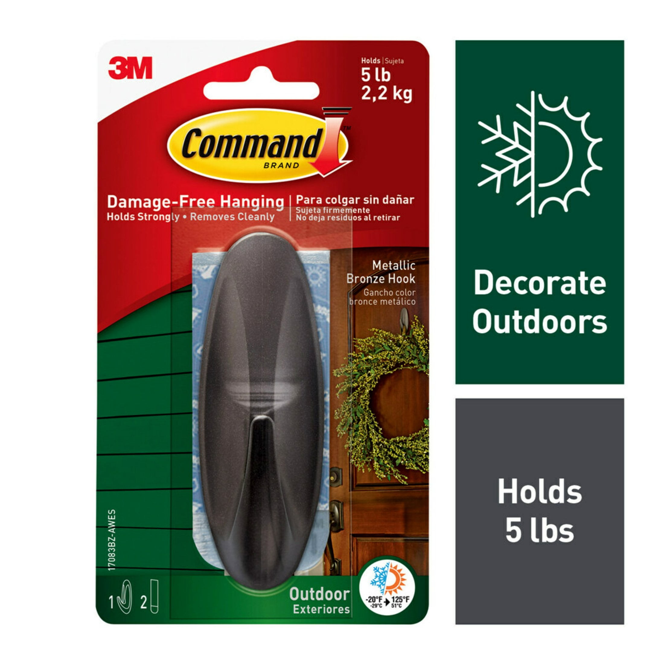 Command Outdoor Metallic Bronze Hook, Large, 1 Hook, 2 Strips/Pack