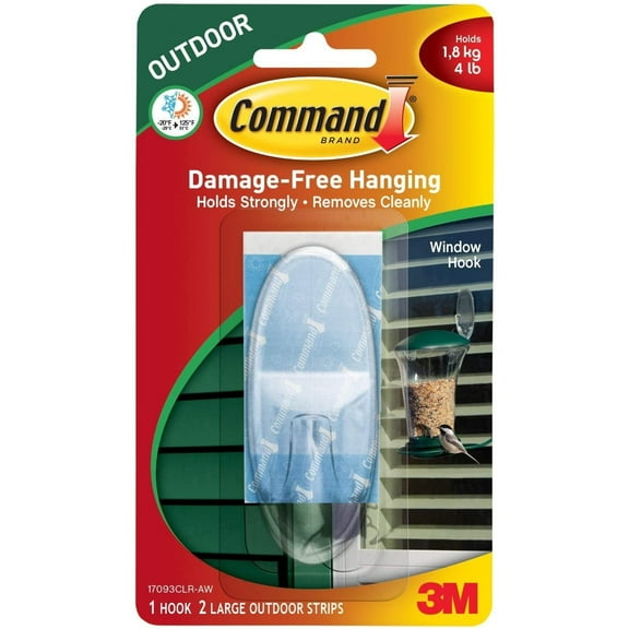 Command Outdoor Large Window Hook B9T3J, Clear, 6-Pack
