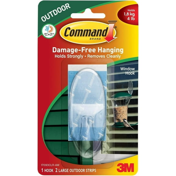 Command Outdoor Large Window Hooks, 4-Pack of 1 Hook and 2 Command Strips, Organize Damage-Free, No Tools Wall Hooks for Hanging Decorations in Living Spaces, Holds up to 4 lb