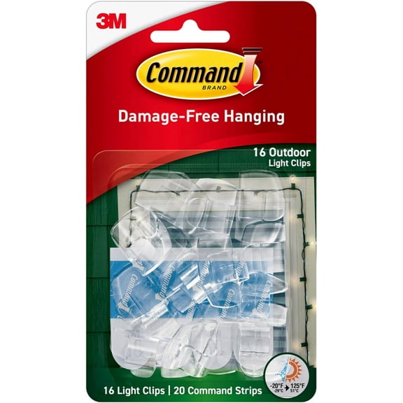 Command Outdoor Light Clips, 16 clips, 20 strips, Water-Resistant Adhesive (17017CLR-AWES), Clear (17017CLR-AW-E)
