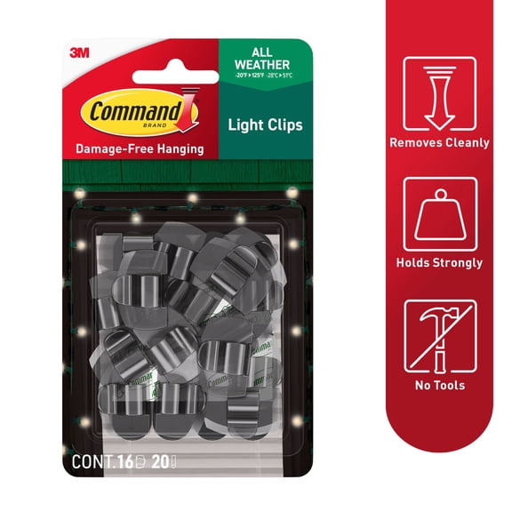 Command Outdoor Light Clips, Black, Hang Lights, 16 Clips and 20 Strips