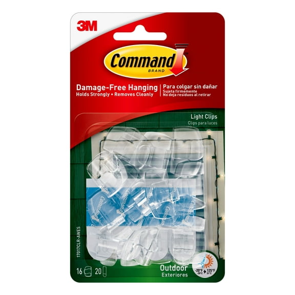 Command Outdoor Light Clips, Clear, Damage Free Decorating, 16 Clips and 20 Command Strips