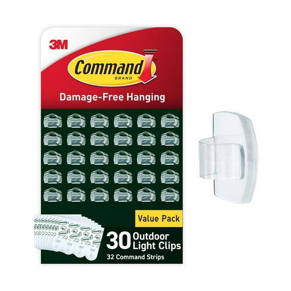 Command Outdoor Light Clips, Clear, Damage Free Decorating, 30 Clips and 32 Command Strips