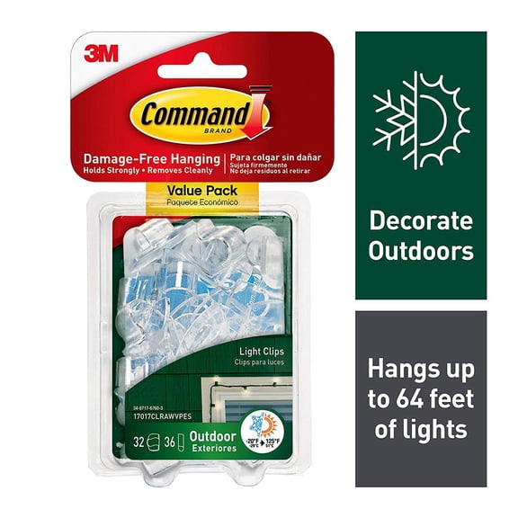 Command Outdoor Light Clips Clear - Outdoor Use, Plastic - 32 Clips, 36 Strips
