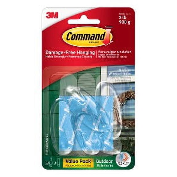 Command Outdoor Medium Clear Window Hooks with Clear Strips Value Pack 17091CLRAWVPES, 5 Hooks, 6 Strips