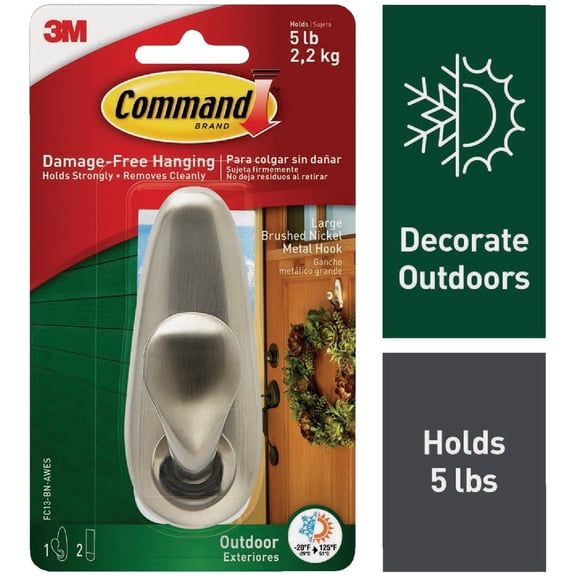 Command Outdoor Metal Hook, 1 Hook, 2 Strips, Water-Resistant Strips FC13-BN-AWES