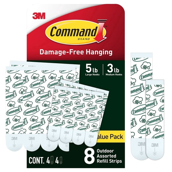 Command Outdoor Replacement Strips, For Wall Hooks, Bathroom, All Weather, 4 Medium, 4 Large Adhesive Strips
