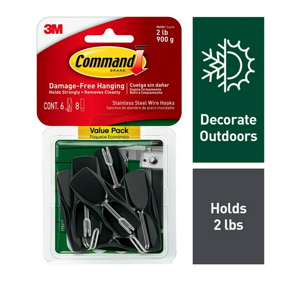 Command Outdoor Stainless Steel Wire Hooks Value Pack 17065S-6AWES, 6 hooks, 8 strips