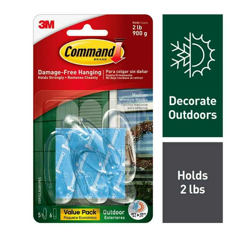 Command Outdoor Window Hooks, Clear, Medium, 5 Hooks, 6 Strips Command Outdoor Window Hooks, Clear, Medium, 5 Hooks, 6 Strips
