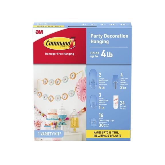 Command Clear Hooks Party Decoration Variety Kit, Holds up to 4 lb., Hangs up to 16 Items and 30 ft. of Lights