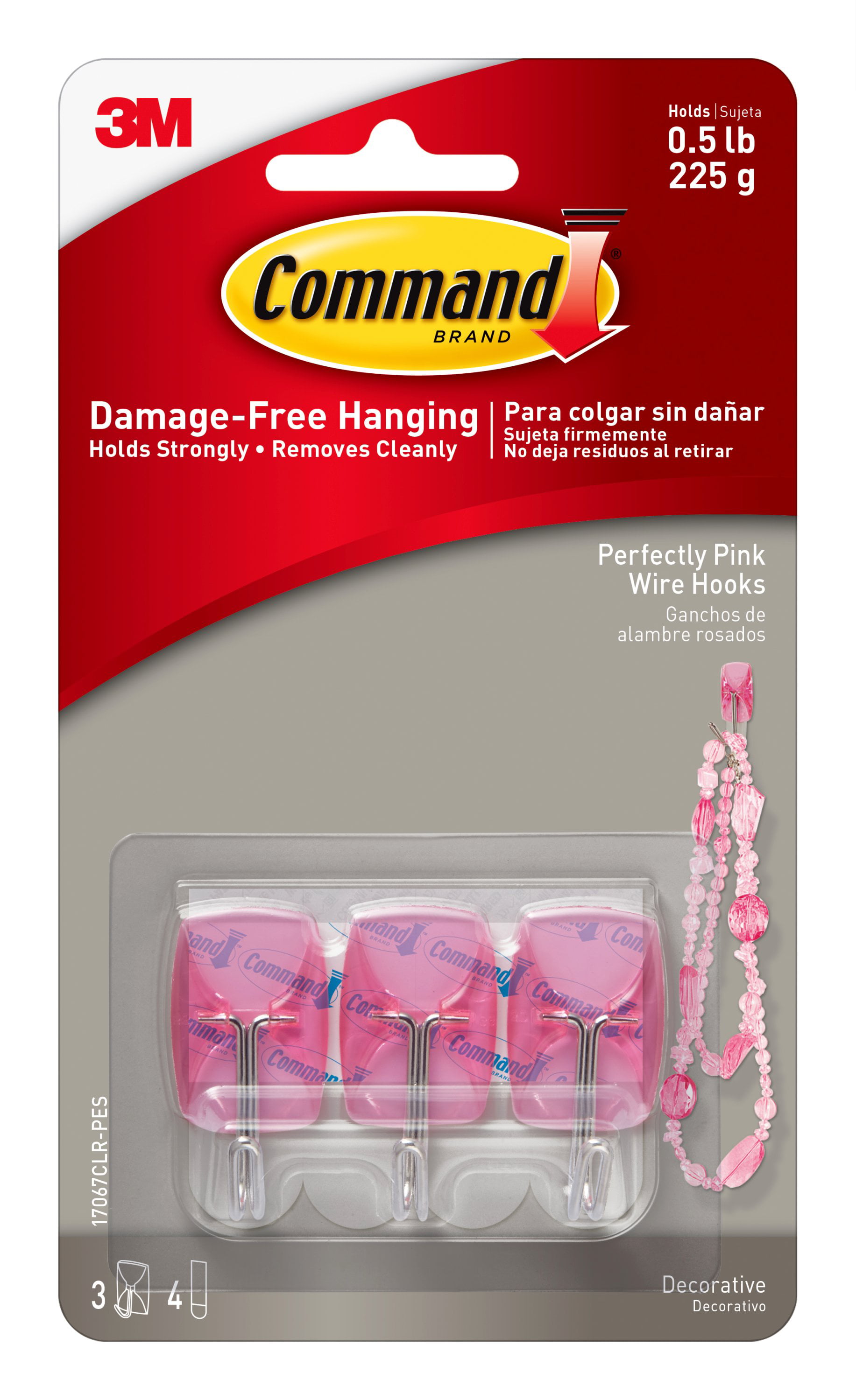 Command Perfectly Pink Wire Hooks, Small, 3 Hooks, 4 Clear Strips