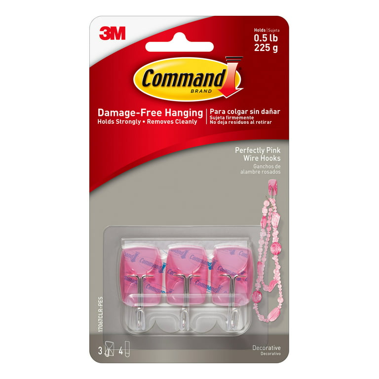 Command Perfectly Pink Wire Hooks, Small, 3 Hooks, 4 Clear Strips/Pack 
