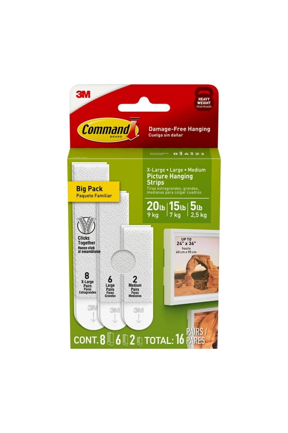 Picture Hangers Variety Pack, Holds 5 to 20 lbs, White, Damage-Free Hanging, 16 Adhesive Strips