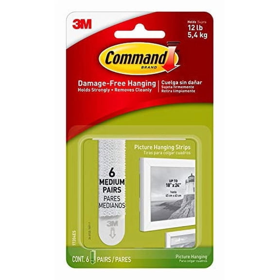 Command Picture Hanging Strips, Medium, White, Indoor Use, 6-Pairs, Holds up to 12 lbs